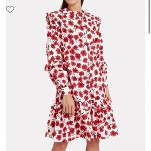 Resume Nanettte 100% Cotton White Red Blue Floral Long Sleeve Ruffle Midi Dress